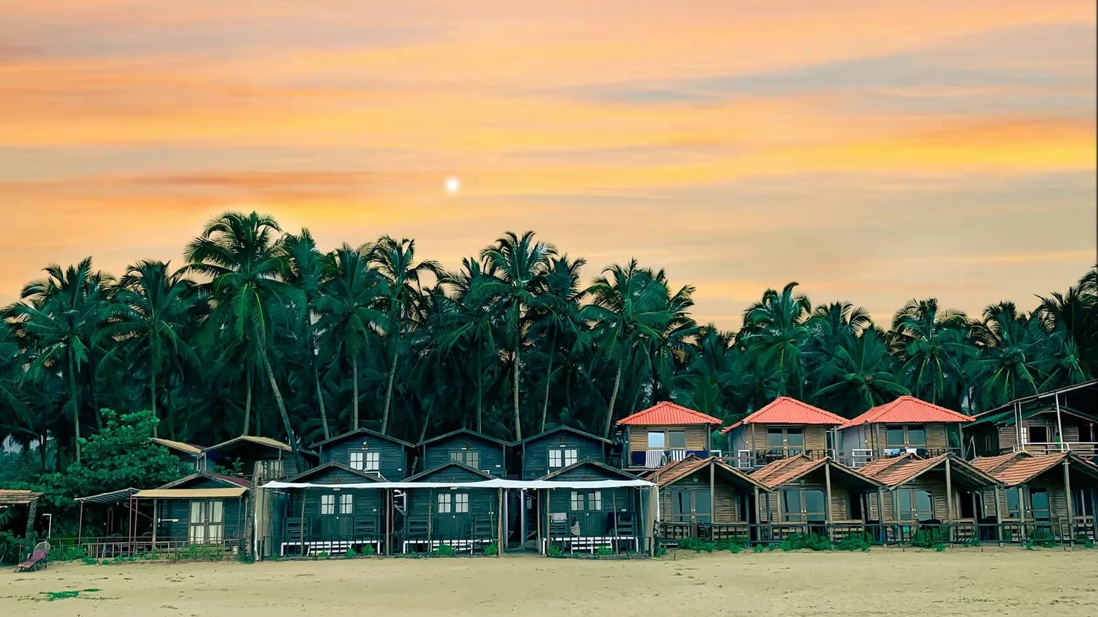 A row of wooden beach huts behind coconut palms at sunset on a Goan beach