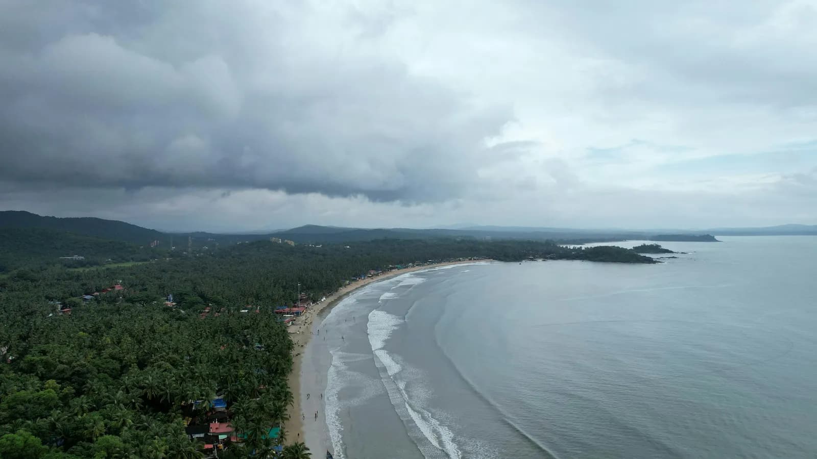 Aerial view of a crescent bay in South Goa, dense palm cover meeting a wide sand beach